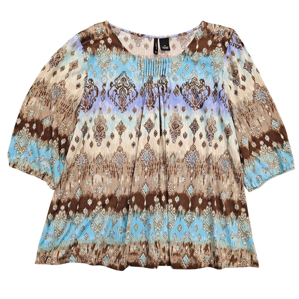 New Directions Womens XL Boho Damask Ikat Print Pleated Neck 3/4 Sleeve Top Blue